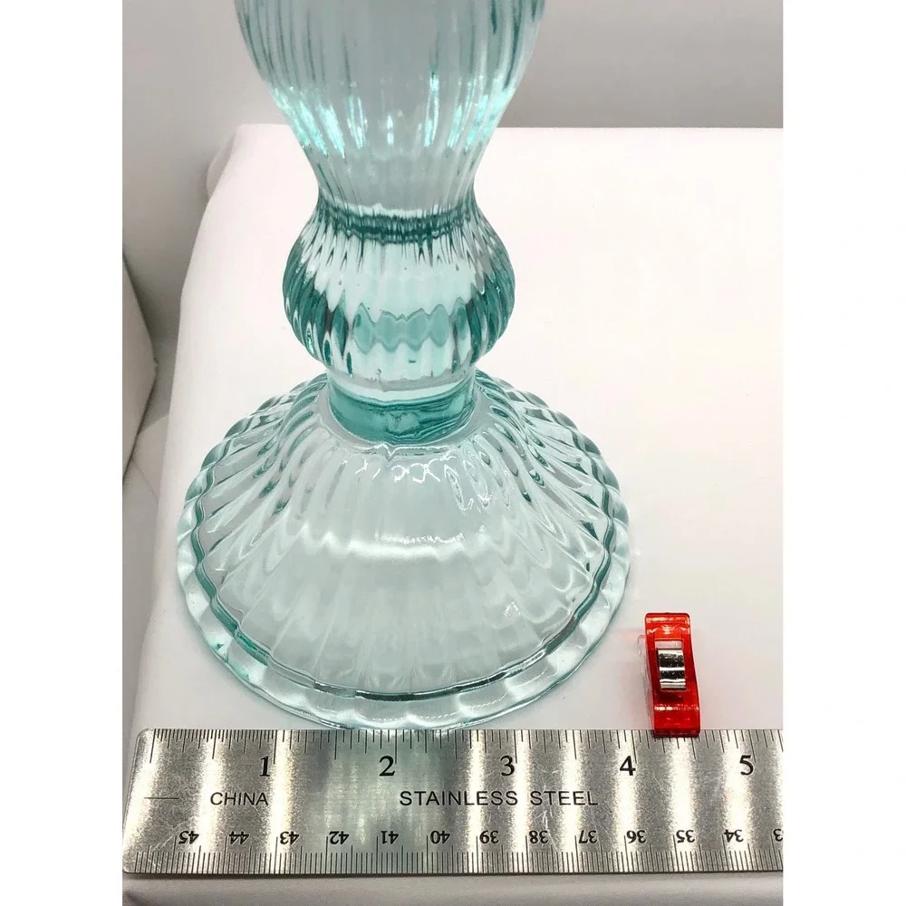 Aqua Blue Ribbed Glass Taper Candlestick Holder Vintage Style 9.75 Inch Coastal